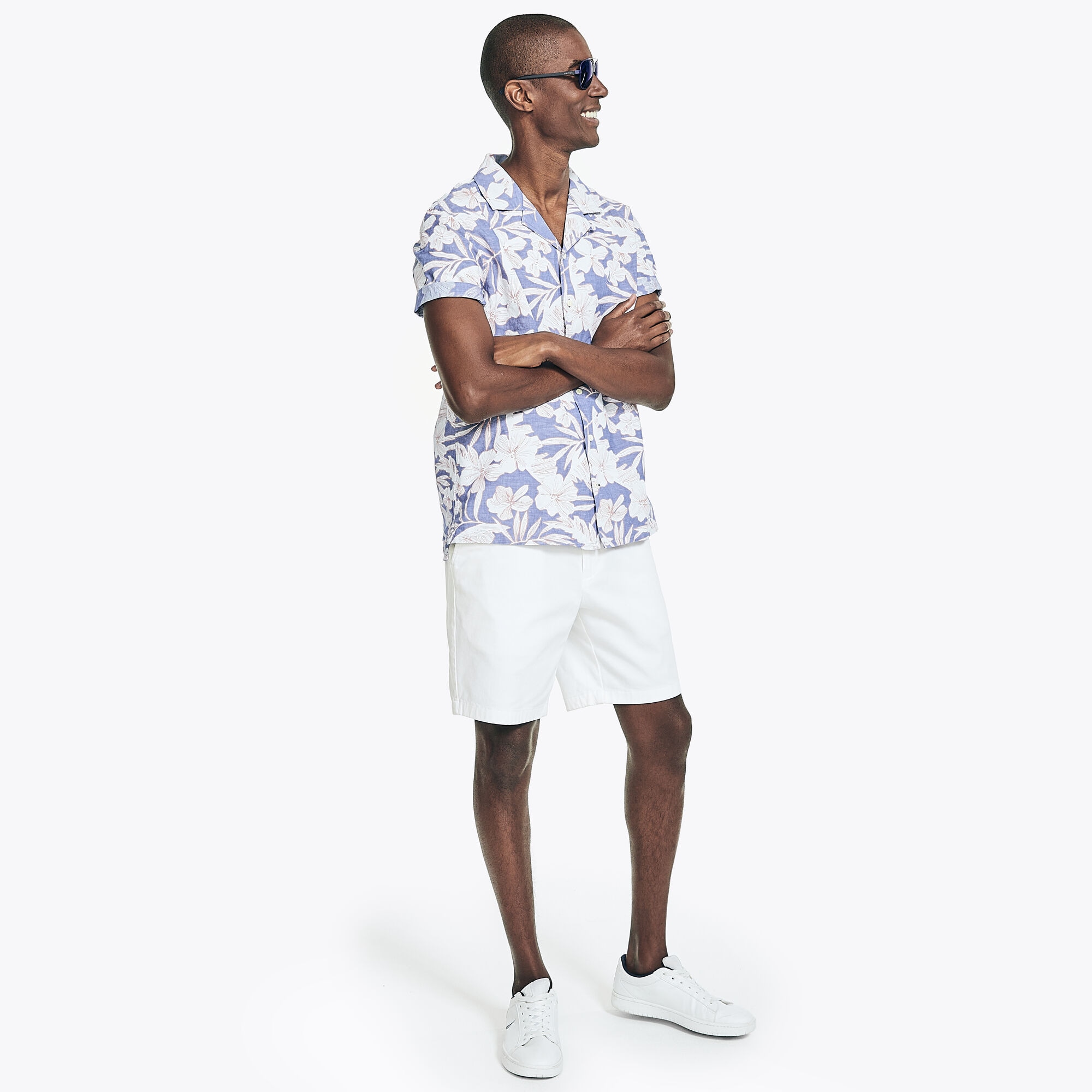 PRINTED LINEN SHORT-SLEEVE CAMP SHIRT,Bolt Blue,large
