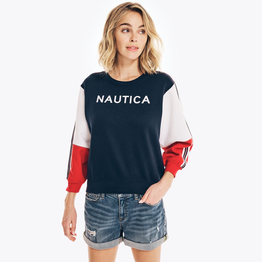 QUARTER-SLEEVE COLORBLOCK SWEATSHIRT,Stellar Blue Heather,large