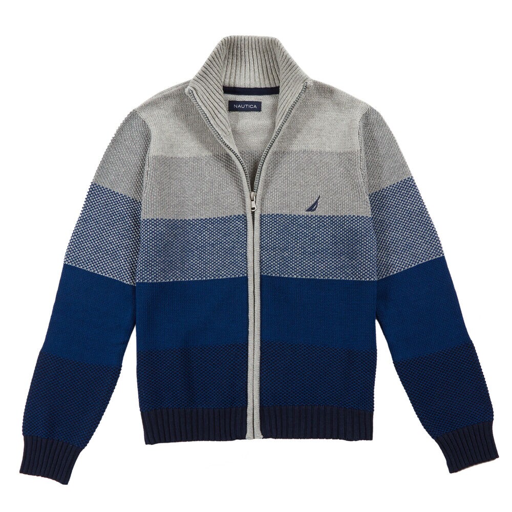 Little Boys' Block Stripe Zip Sweater (4-7),Grey Heather,large
