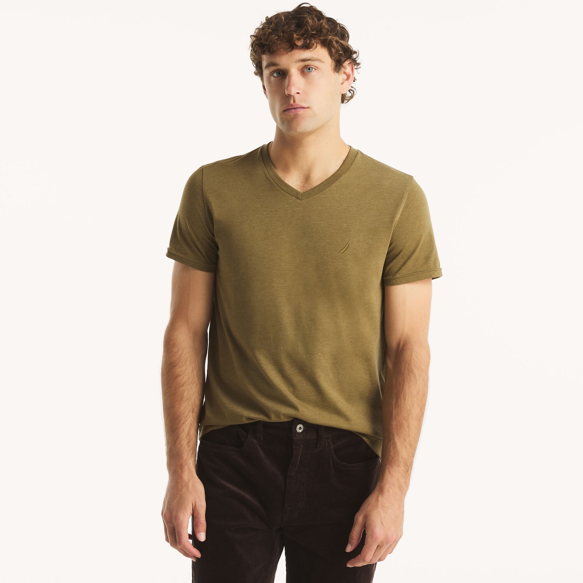 Heather V-Neck Deck T-Shirt,Green Tea,large