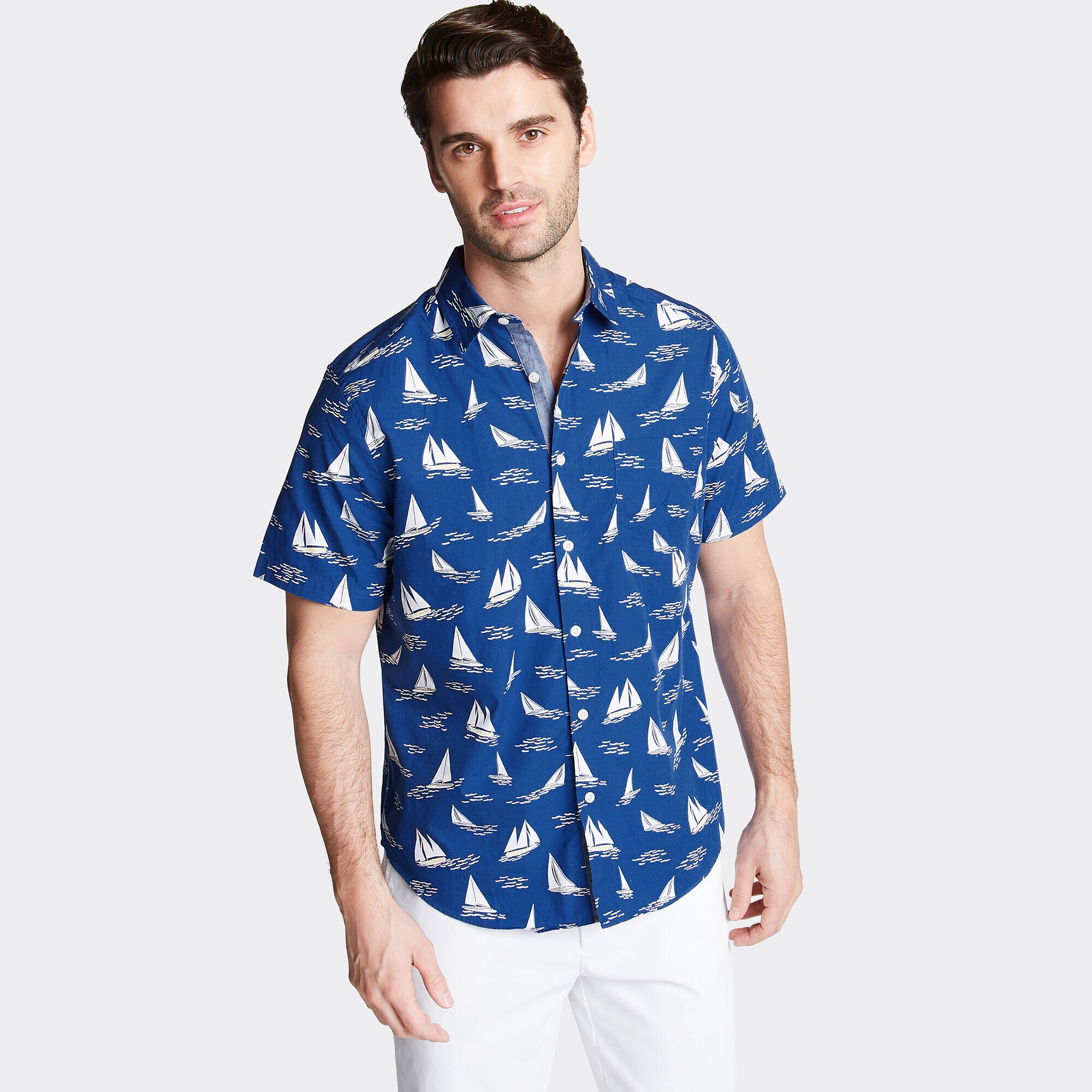 CLASSIC FIT SHORT SLEEVE POPLIN SHIRT IN PRINT,Clear Sky Blue,large