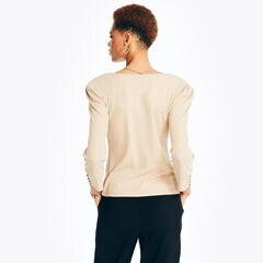 Shimmer Quarter-Sleeve Square-Neck Top,Egret,large