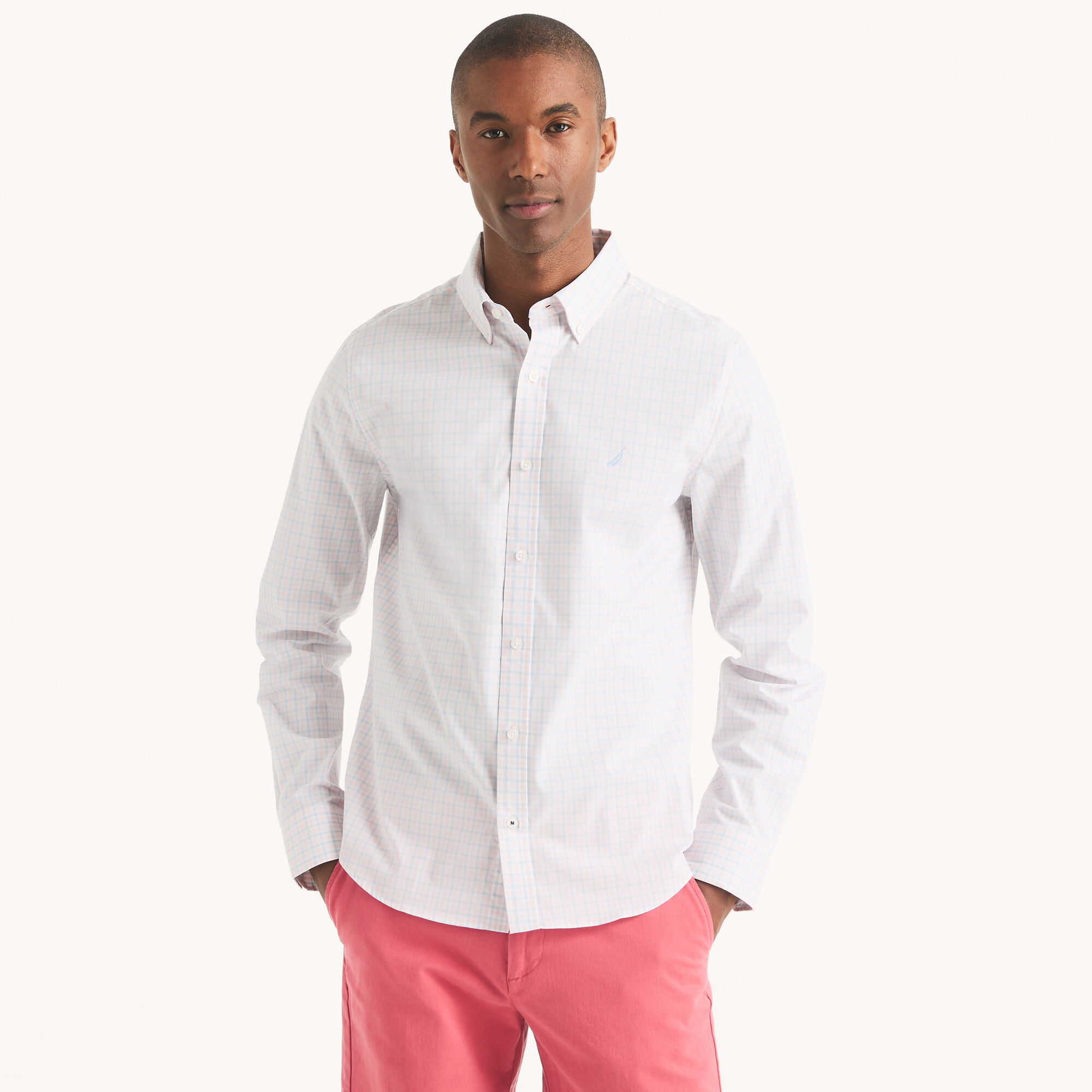 Slim Fit Wrinkle-Resistant Plaid Shirt,Buoy Red,large