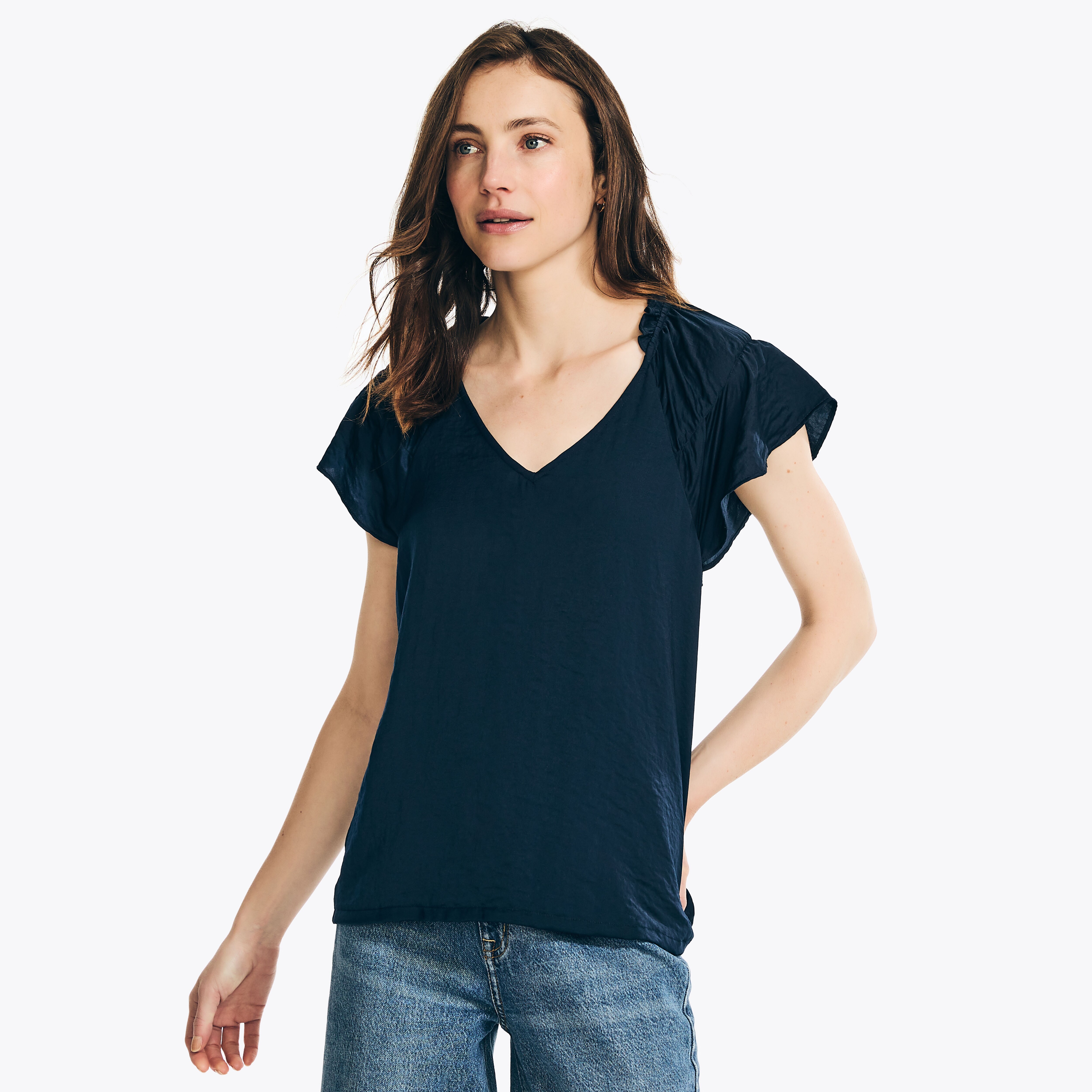 navy blue ruffle top