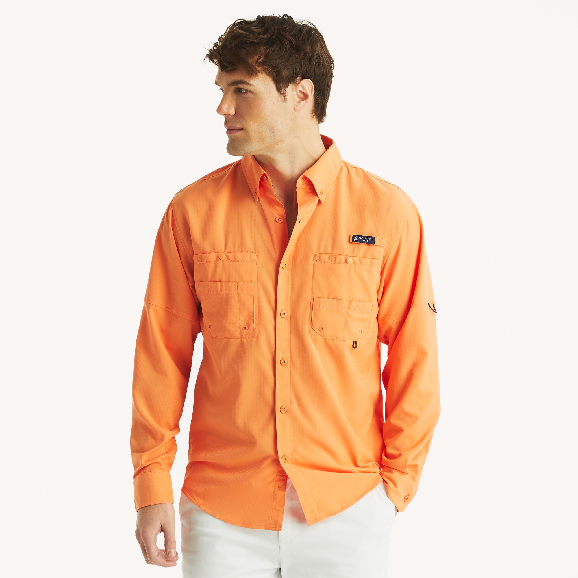 Nautica OTF Button-Down Shirt,Orange,large
