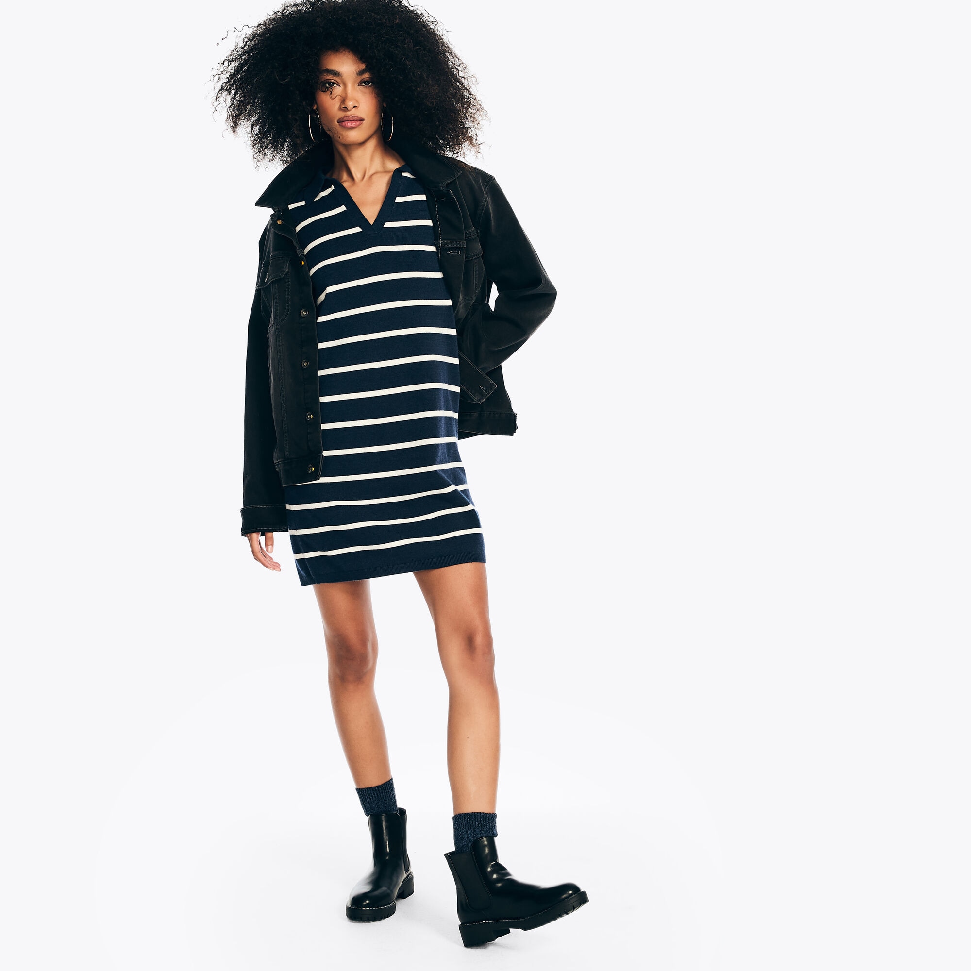 Striped Sweater Dress,Stellar Blue Heather,large