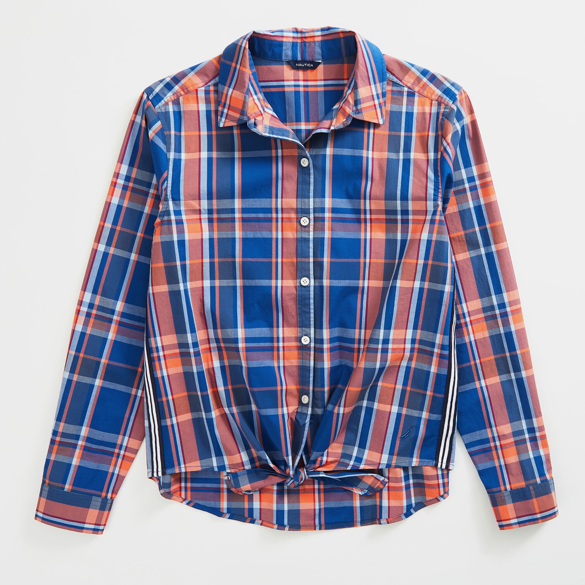 PLAID TIE-FRONT POPLIN SHIRT,Windsurf Blue,large