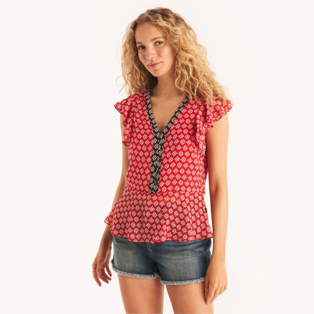 V-Neck Peplum Top,Teaberry,large