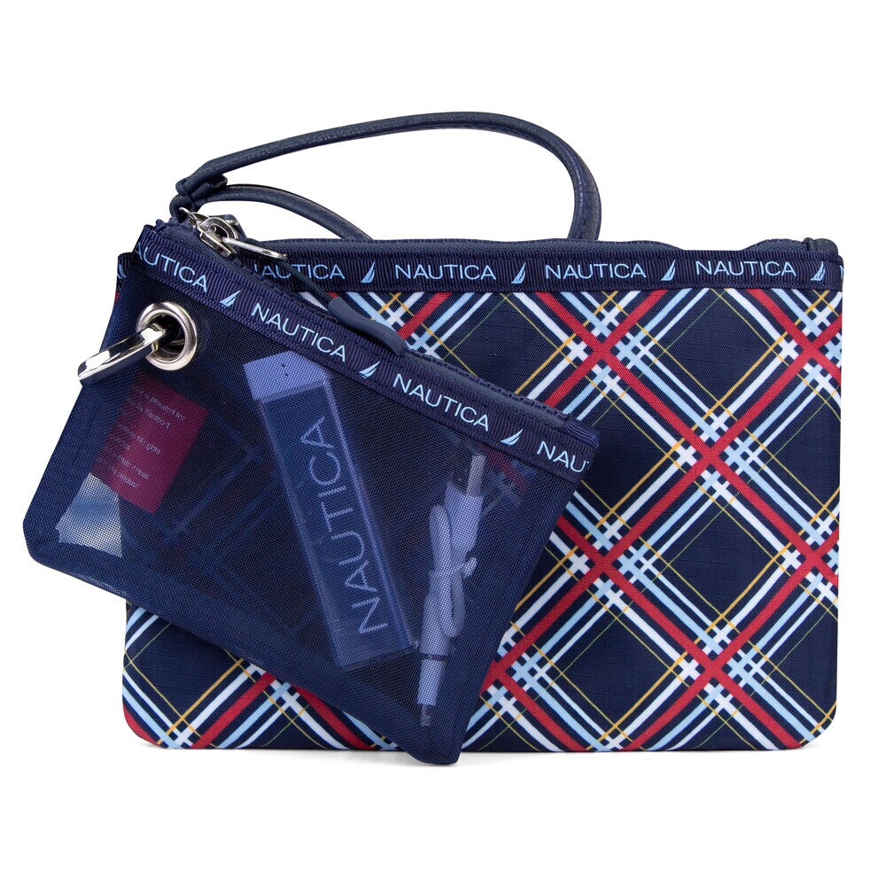 Captain's Quarters 2-Piece Wristlet with Battery Charger - Block Plaid,Ice Blue,large