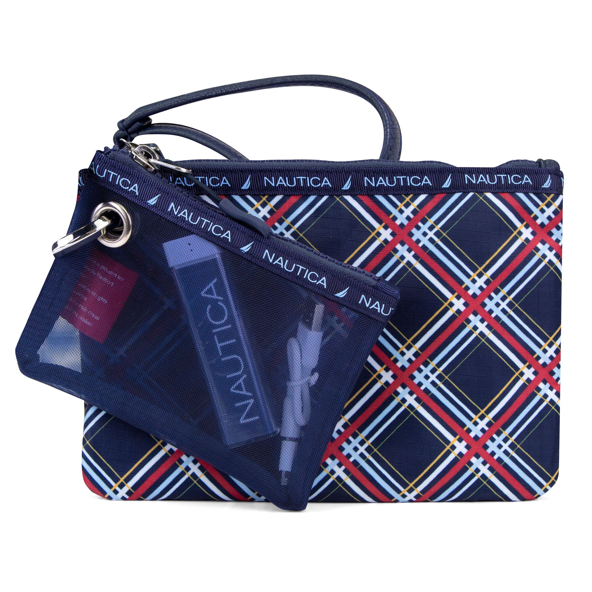 Captain's Quarters 2-Piece Wristlet with Battery Charger - Block Plaid,Ice Blue,large