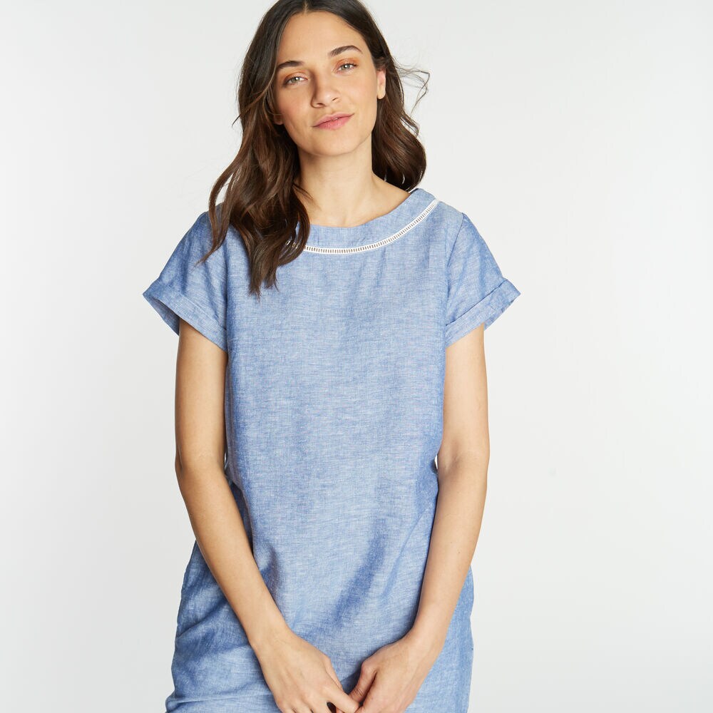 Short Sleeve Chambray Shift Dress,Deep Navy Heather,large