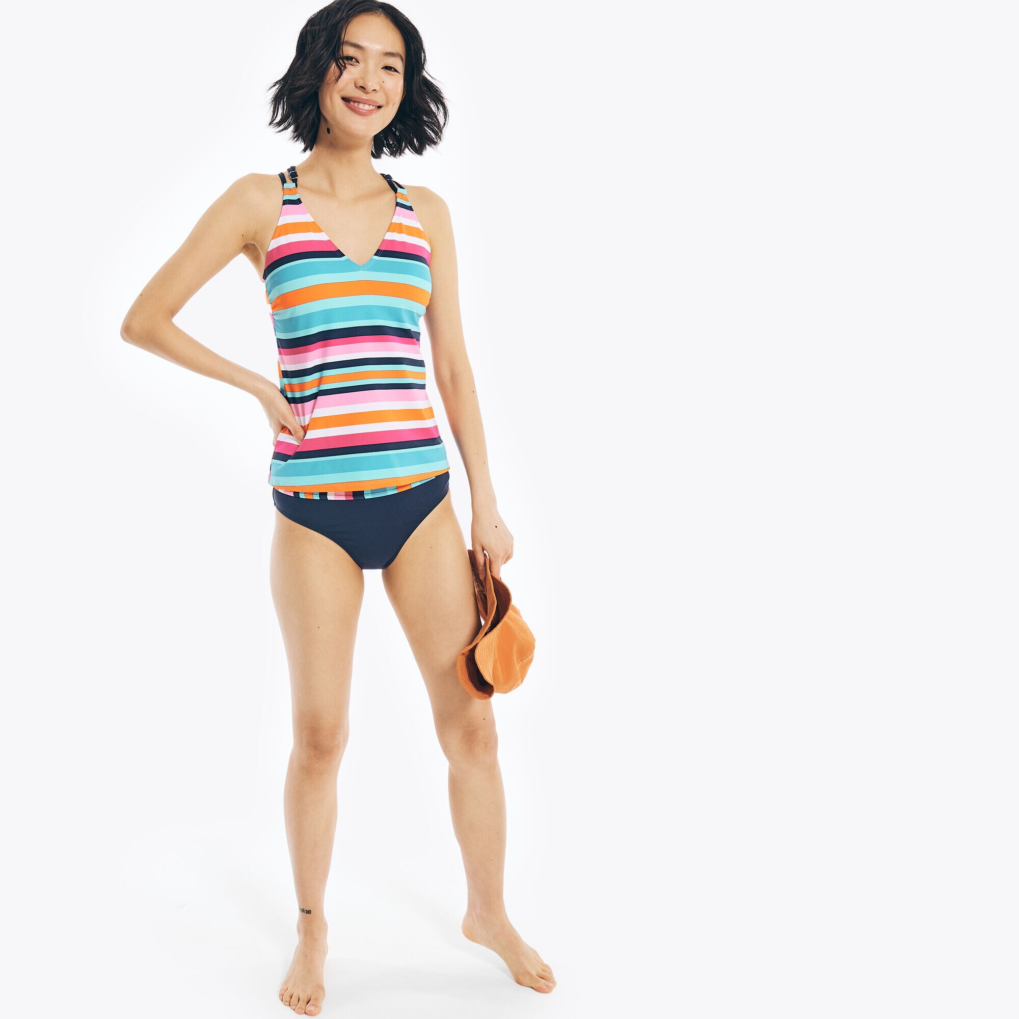 STRIPED V-NECK TANKINI SWIM TOP,Carnation Pink,large