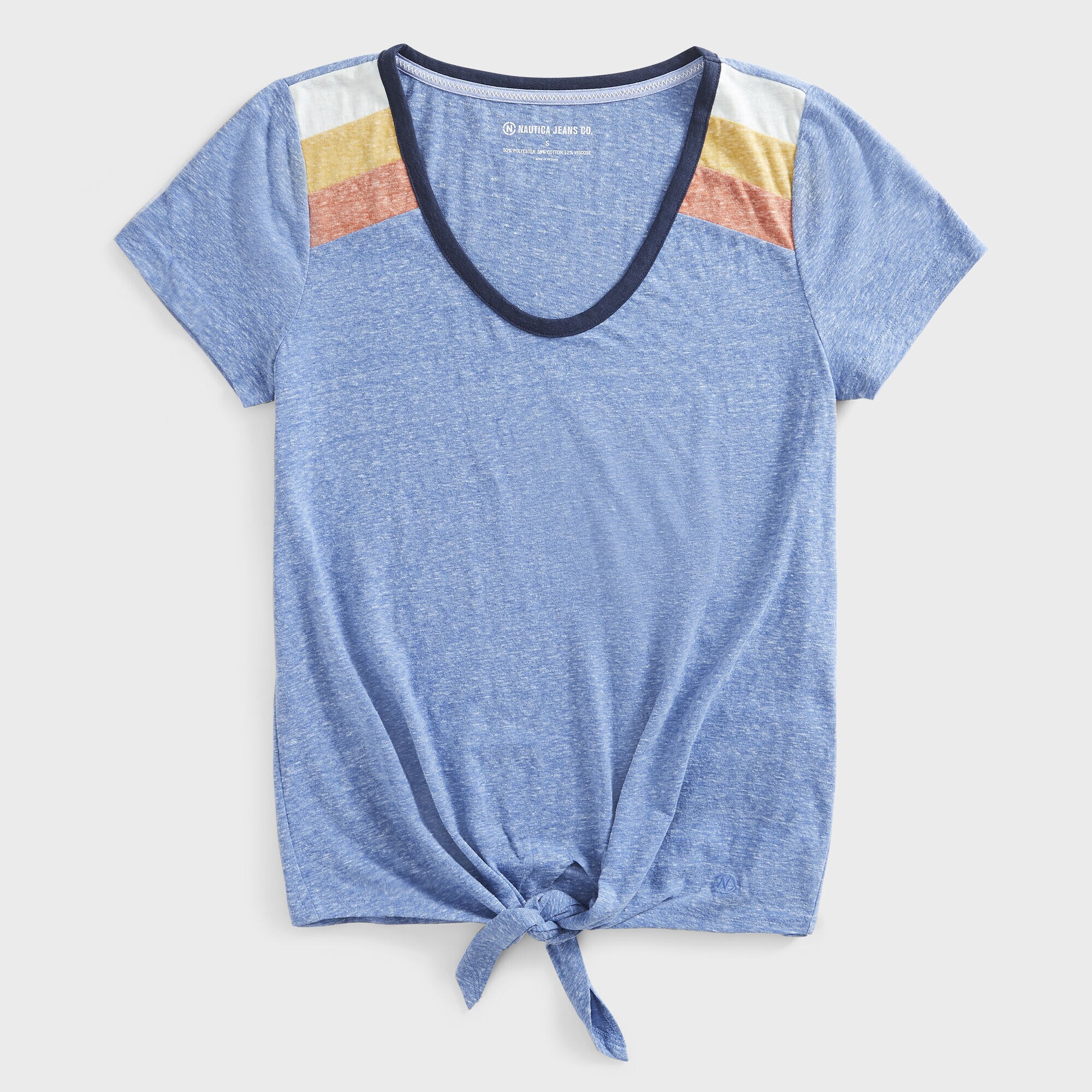 NAUTICA JEANS CO. STRIPE-SHOULDER TIE-FRONT TOP,Aquabreeze,large