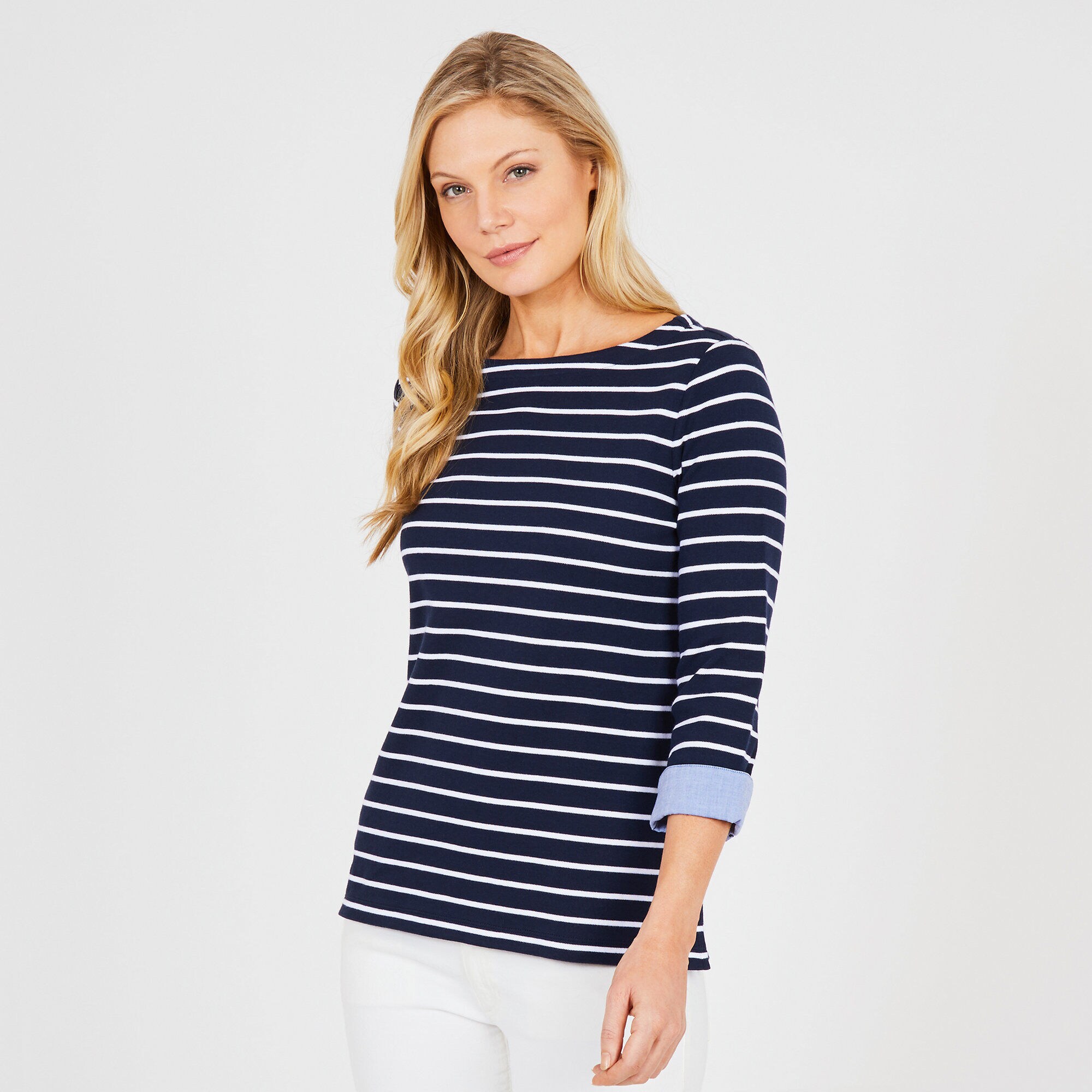 Three-Quarter Sleeve Striped Top with Cuffs,Navy,large