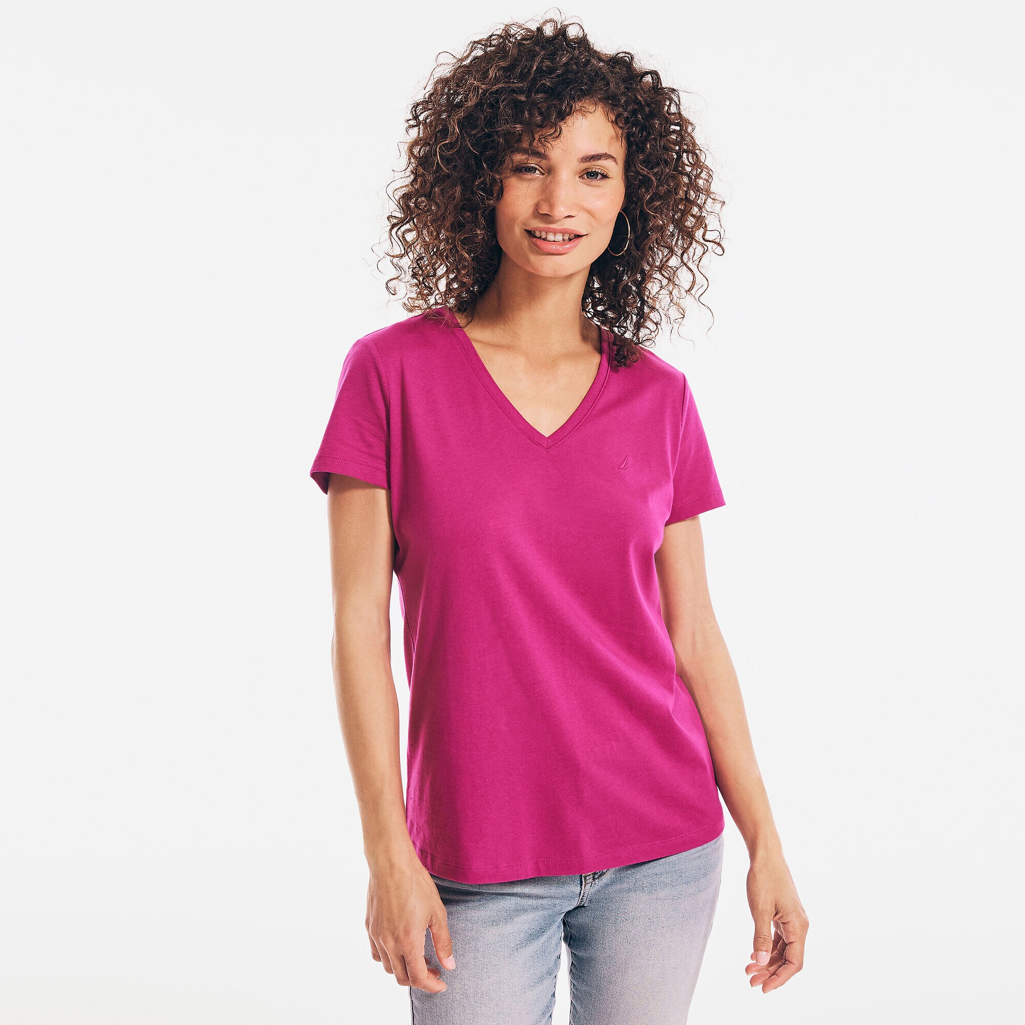 Solid V-Neck T-Shirt,Fancytail Fuschia,large