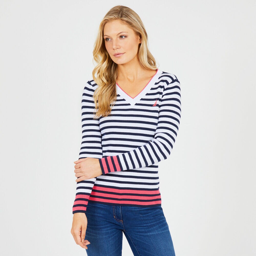Striped V-neck Pullover Sweater,Stellar Blue Heather,large