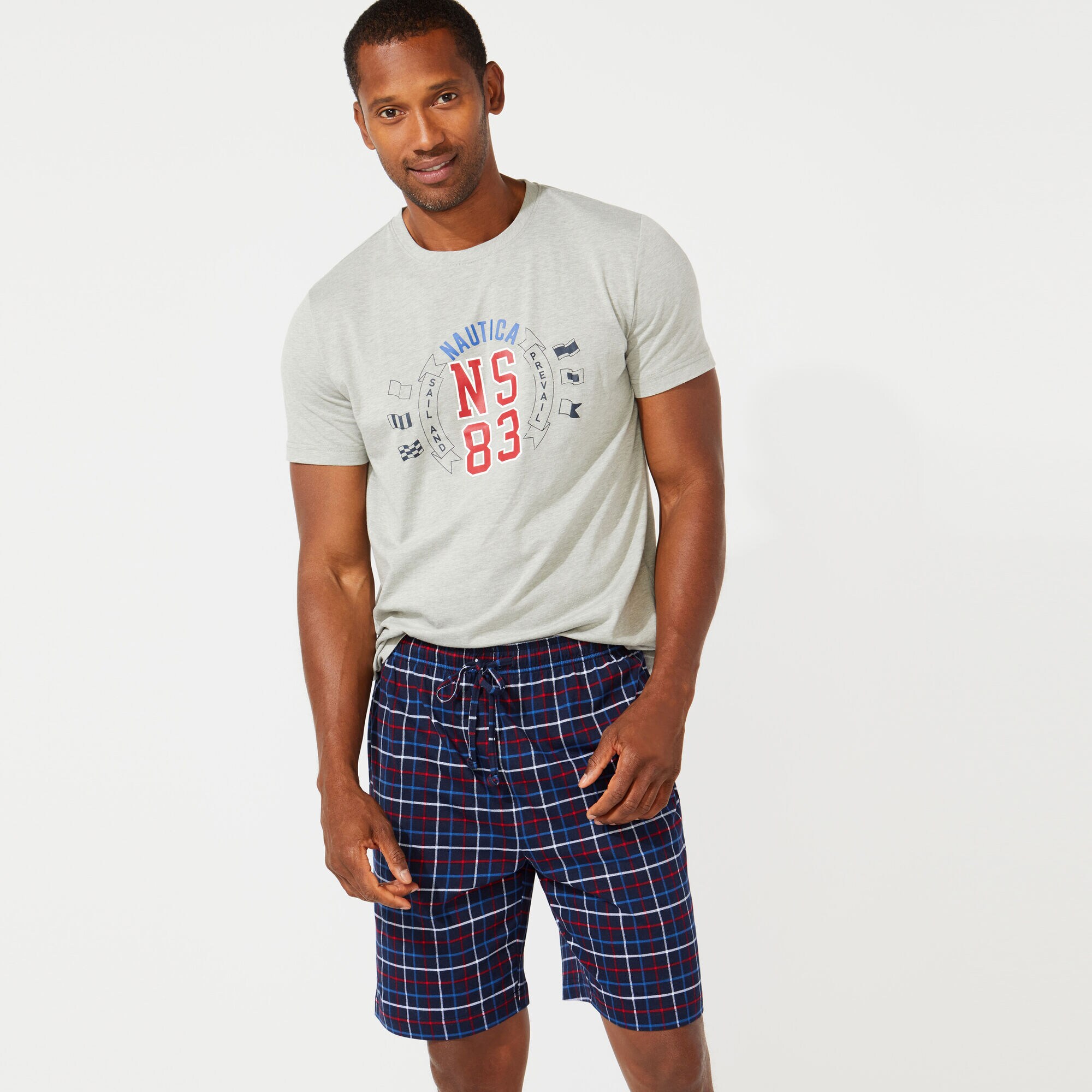 SLIM FIT GRAPHIC SHORT SLEEVE AND KNIT SHORT PAJAMA SET,Grey Heather,large