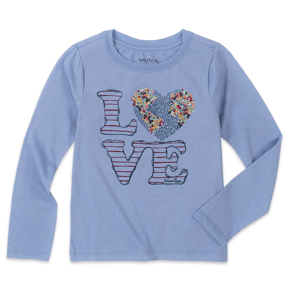 TODDLER GIRLS' GLITTER GRAPHIC LONG SLEEVE T-SHIRT (2T-4T),Sky Blaze,large