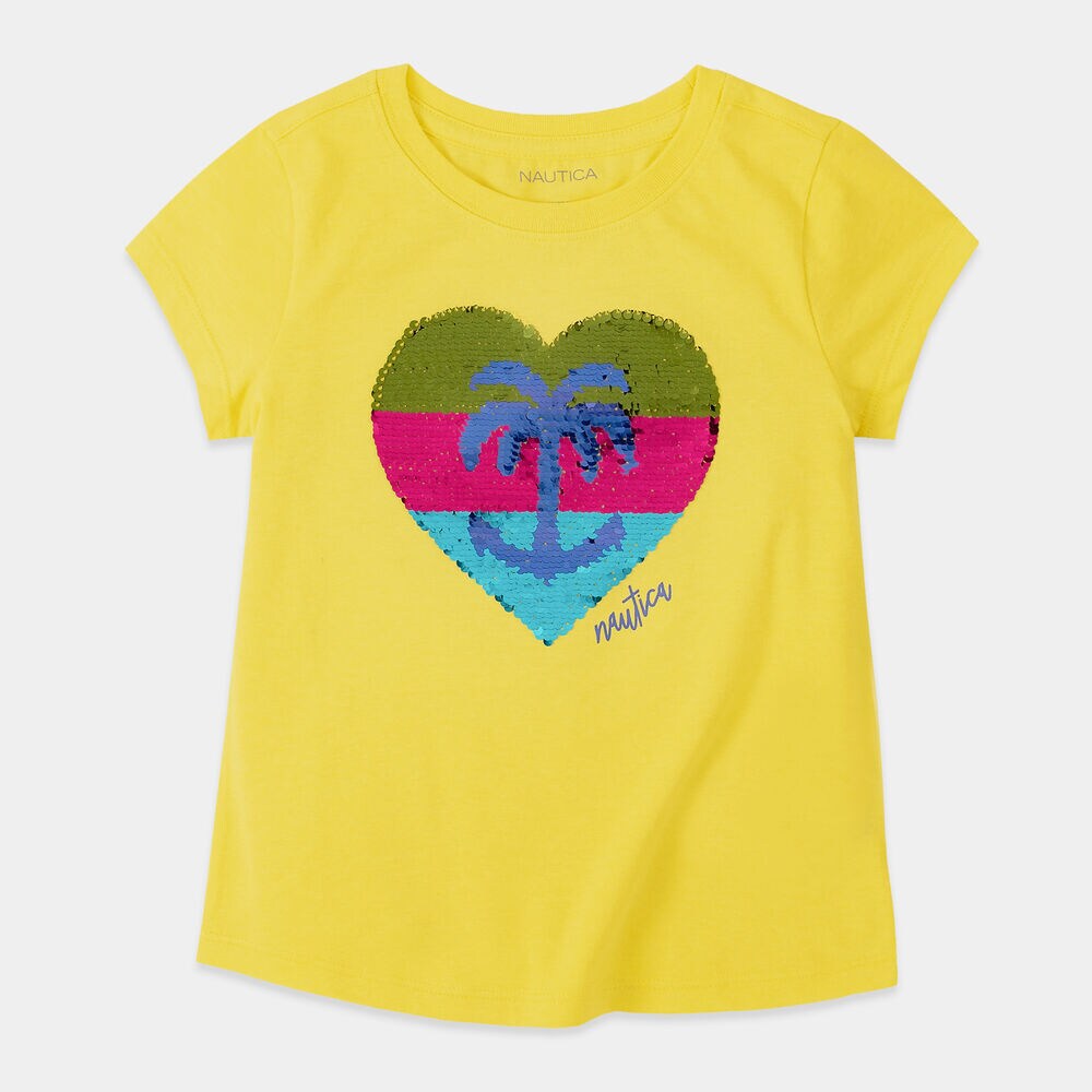 GIRLS' HEART PALM TREE GRAPHIC SEQUIN T-SHIRT (8-20),Crest Blue,large