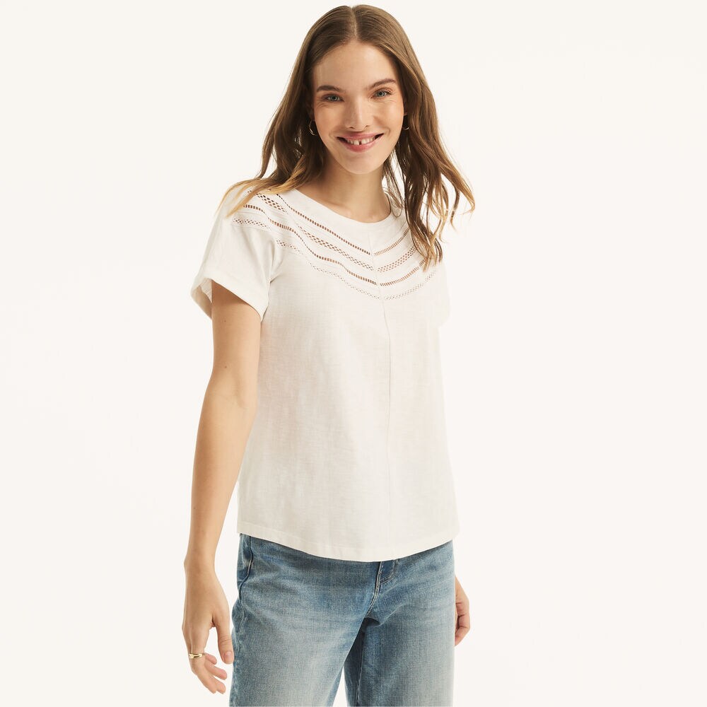 Lace Short-Sleeve Top,Bright White,large