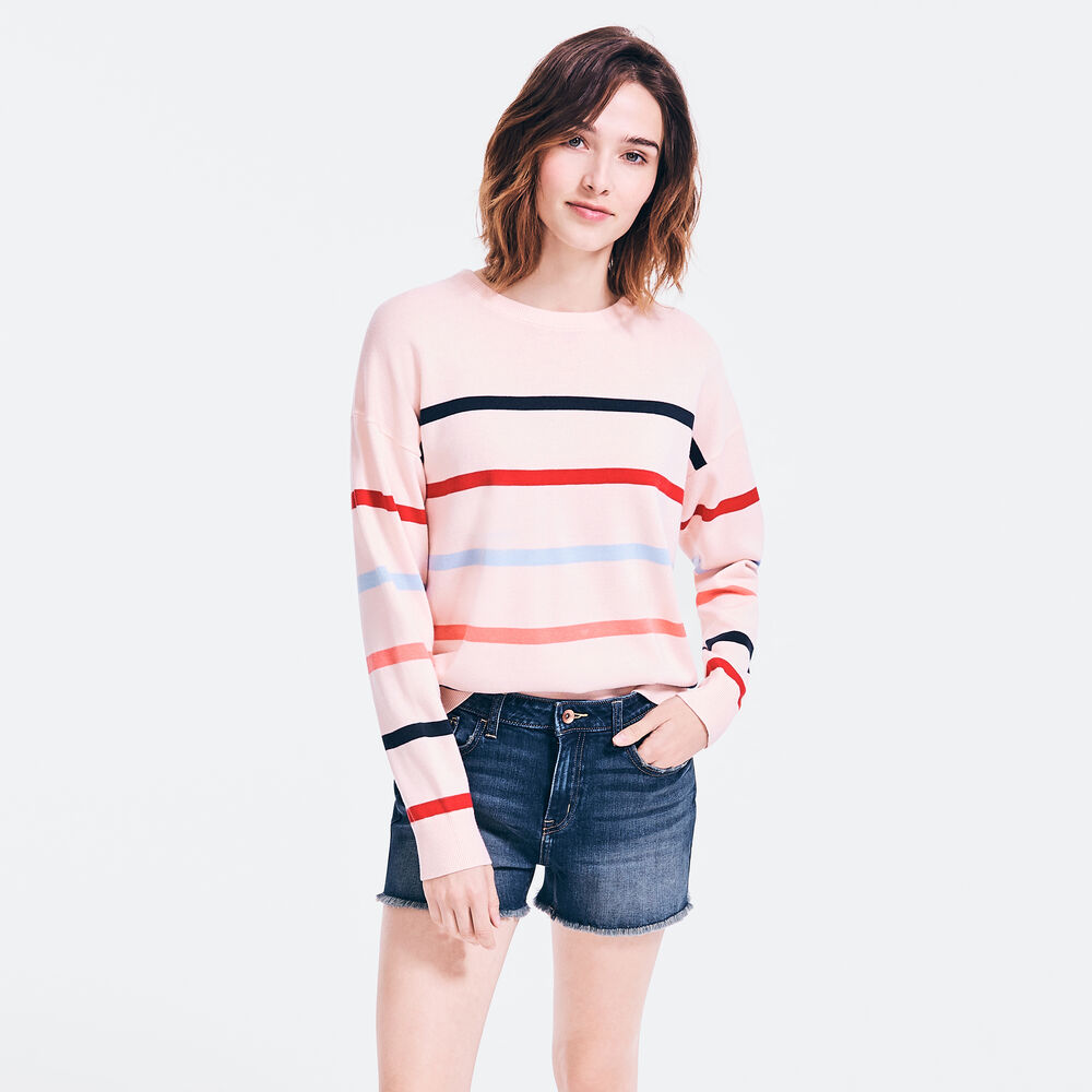 SUSTAINABLY CRAFTED STRIPED SWEATER,Bow Burgundy,large