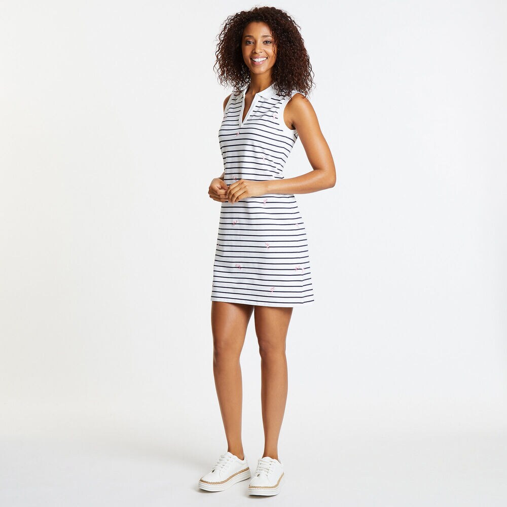 Split-Neck Flamingo + Stripe Polo Dress,Bright White,large