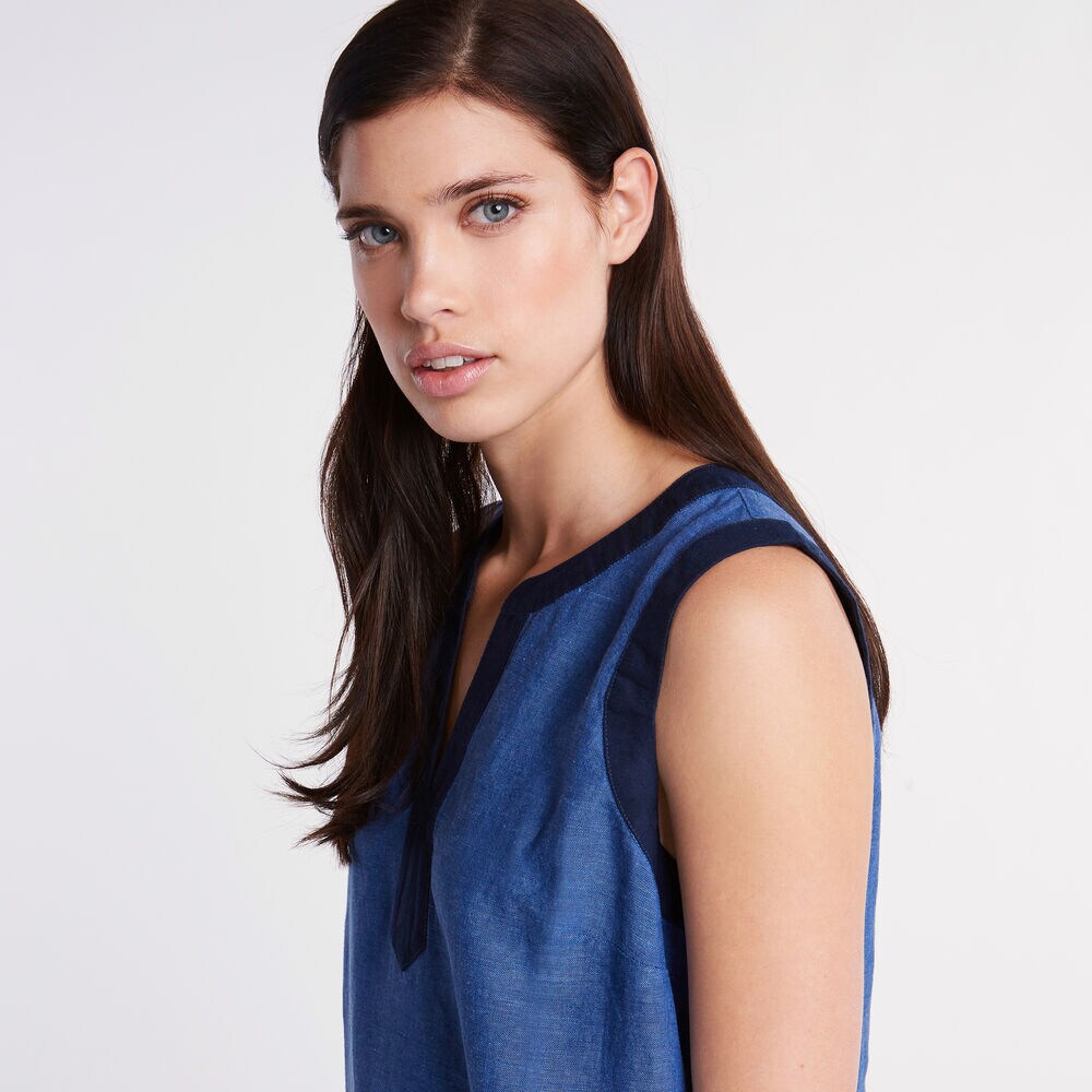 Sleeveless Chambray A-Line Dress,Estate Blue,large
