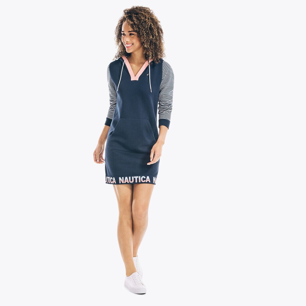 COLORBLOCK STRIPE HOODIE DRESS,Stellar Blue Heather,large