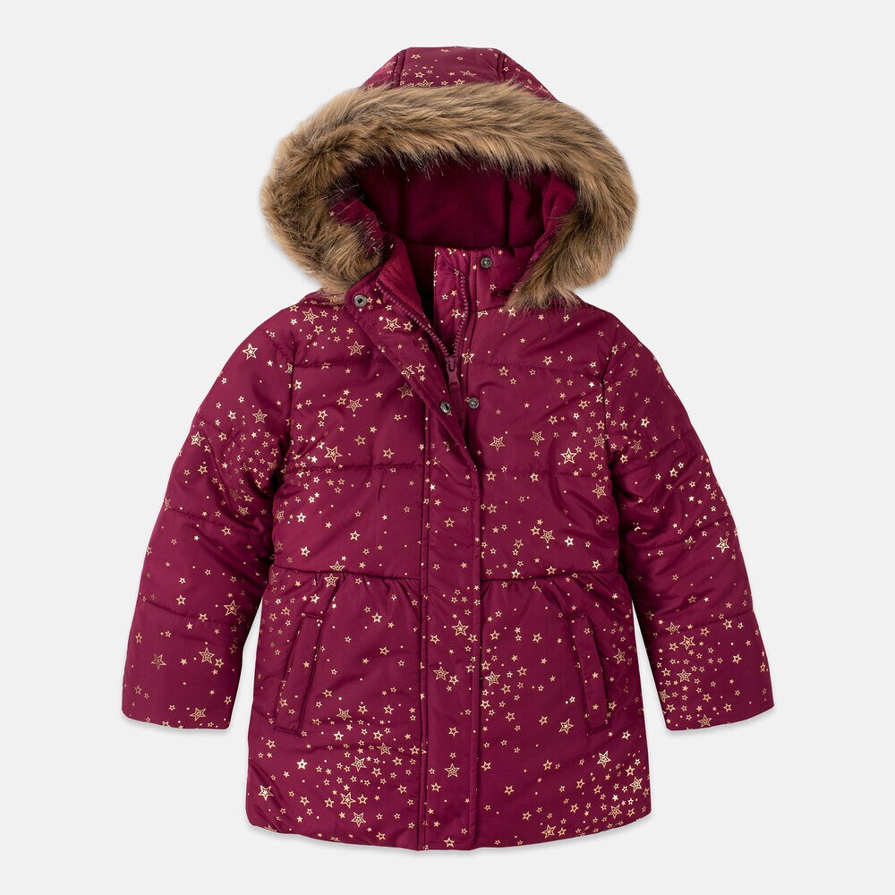 LITTLE GIRLS' FOIL PRINT FAUX-FUR HOOD PUFFER (4-7),Parfait Pink,large