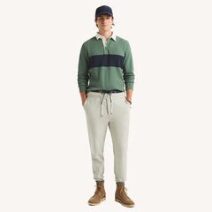 Classic Fit Pieced Waffle Long-Sleeve Polo,Olive,large