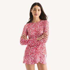 Printed Long-Sleeve Rash Guard Swim Shirt,Classic Red,large