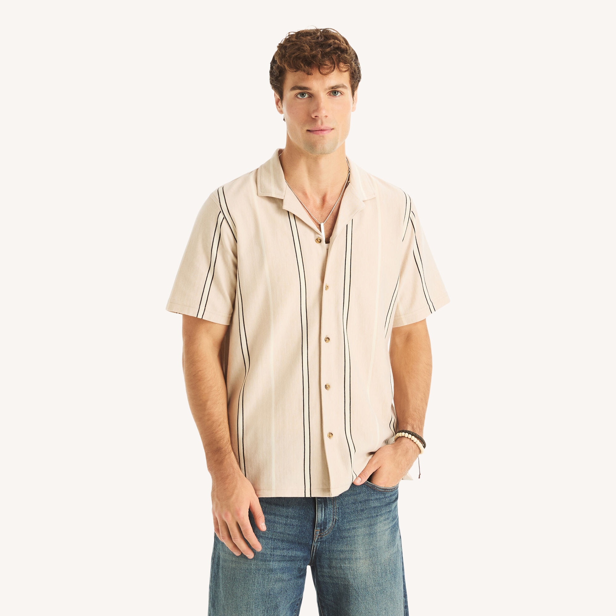 Classic Fit Striped Button-Front Polo,Safari,large