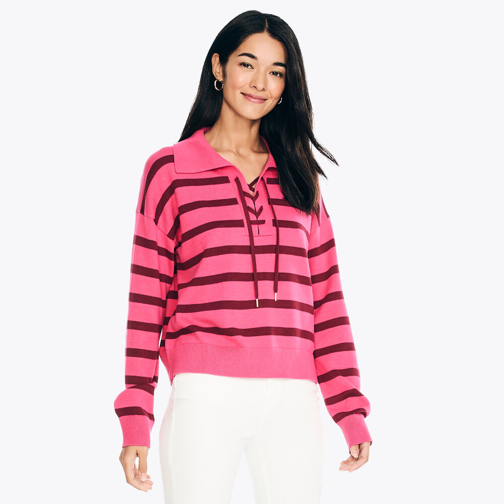 Striped Lace-Up Sweater,Lotus,large