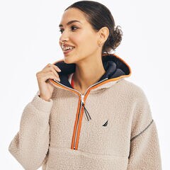 MIXED MEDIA QUARTER-ZIP SHERPA FLEECE HOODIE,Nautica Stone,large