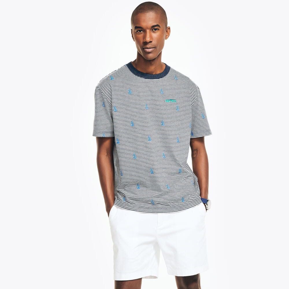 STRIPED CREWNECK T-SHIRT,Navy,large