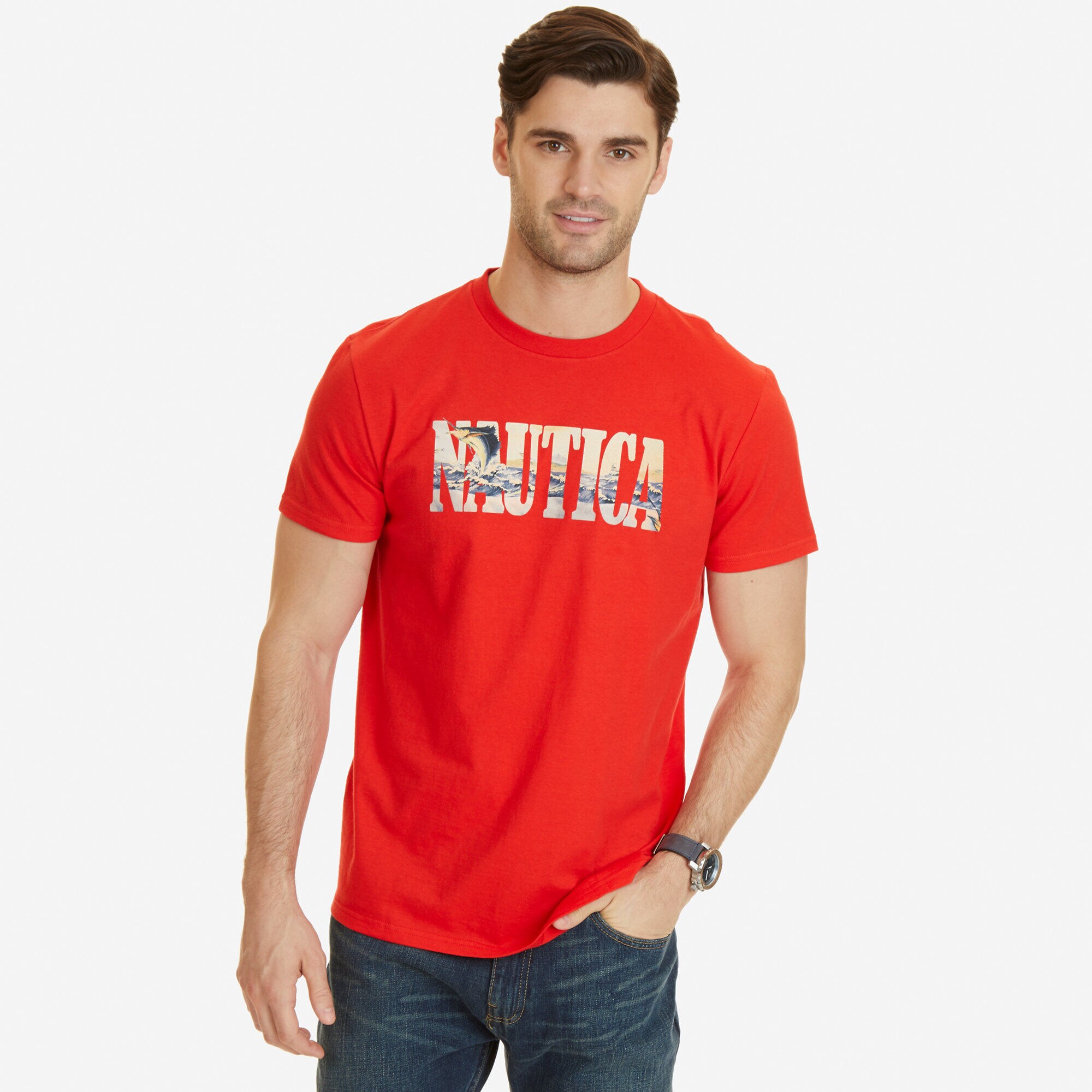 Jumping Marlin Graphic T-Shirt,Sunrise Red,large