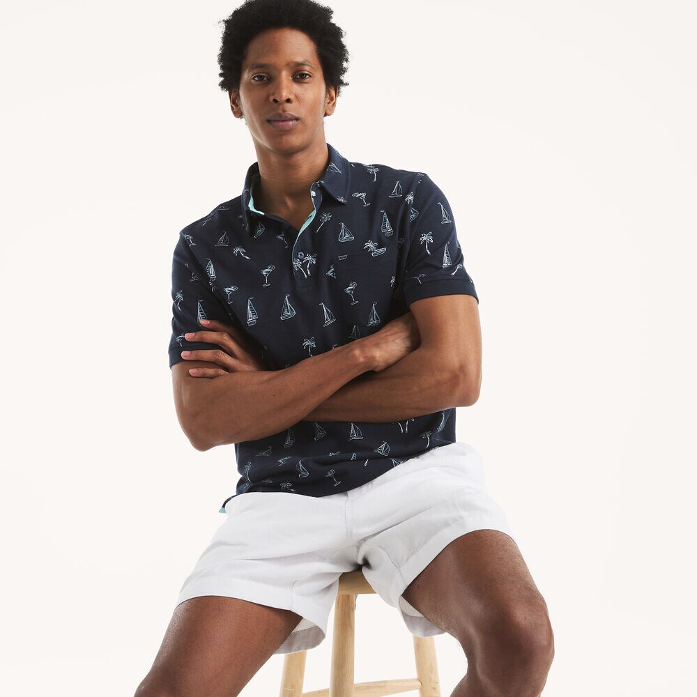 Classic Fit Printed Polo,Stellar Blue Heather,large