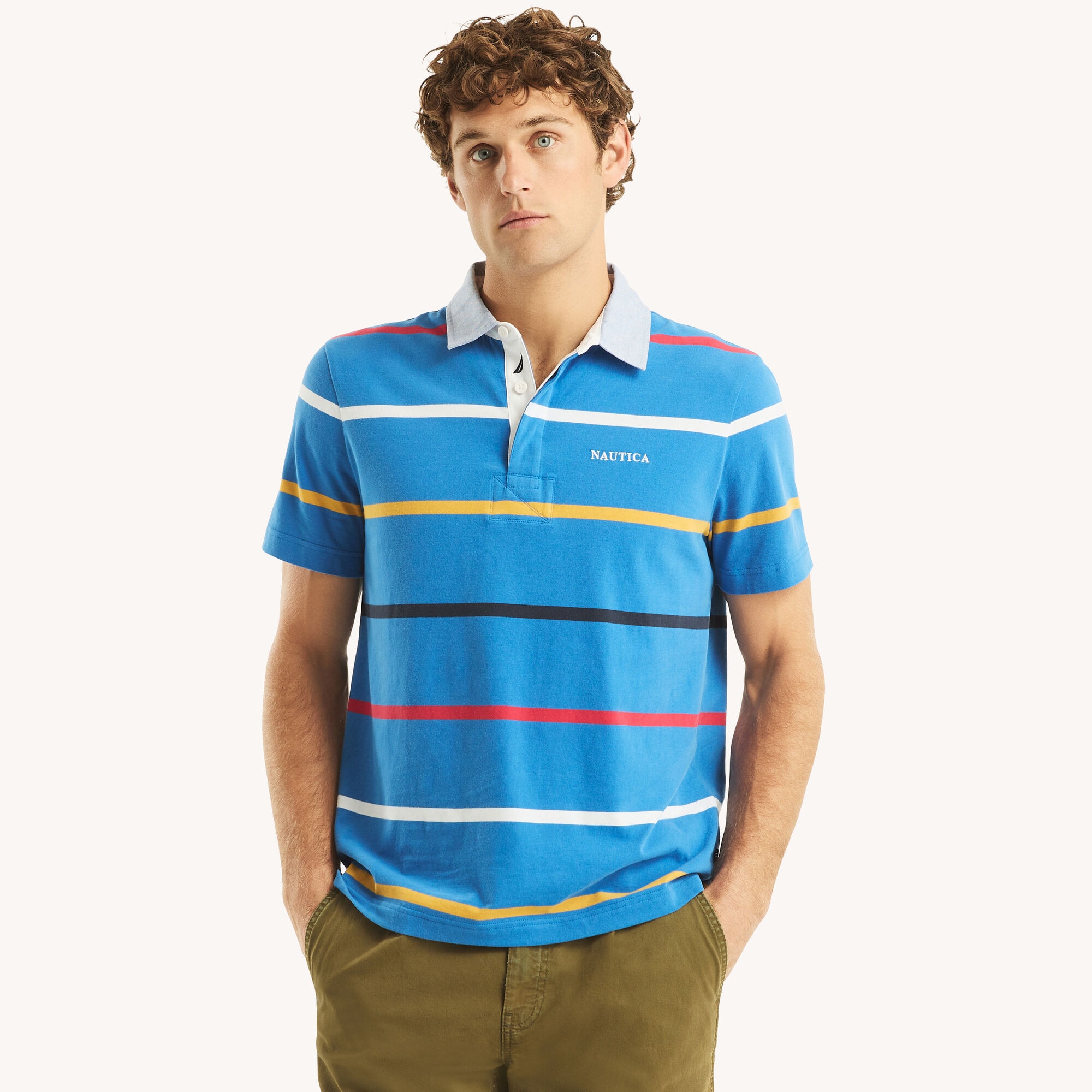 Classic Fit Striped Rugby Polo,Bolt Blue,large