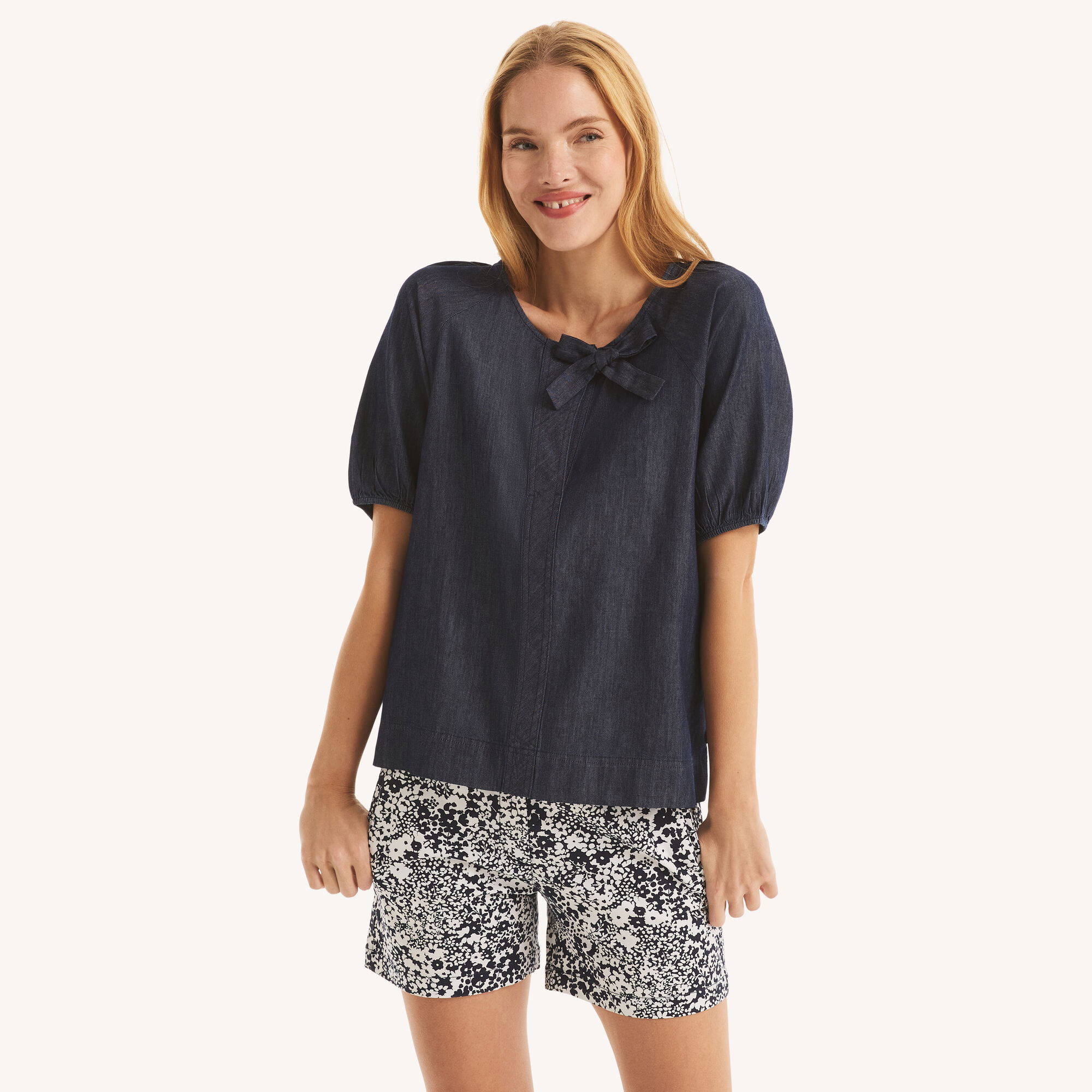 Chambray Side-Bow Blouse,Angel Blue,large