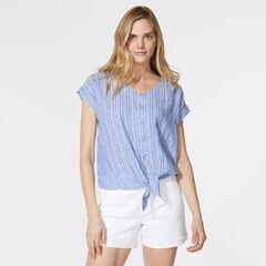STRIPE TIE FRONT SHIRT,Reef Blue,large