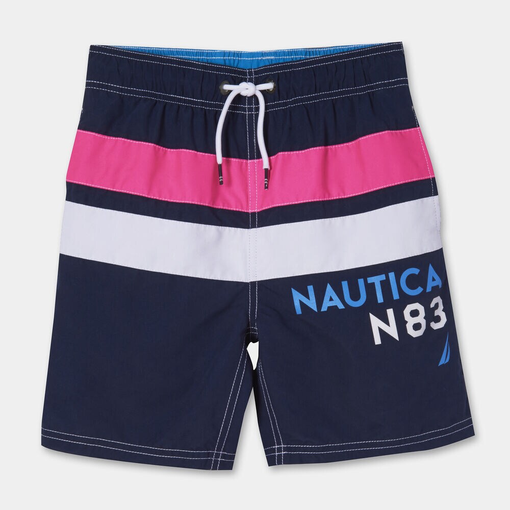 LITTLE BOYS' MARLEY STRIPE LOGO SWIM TRUNKS (4-7),J Navy,large