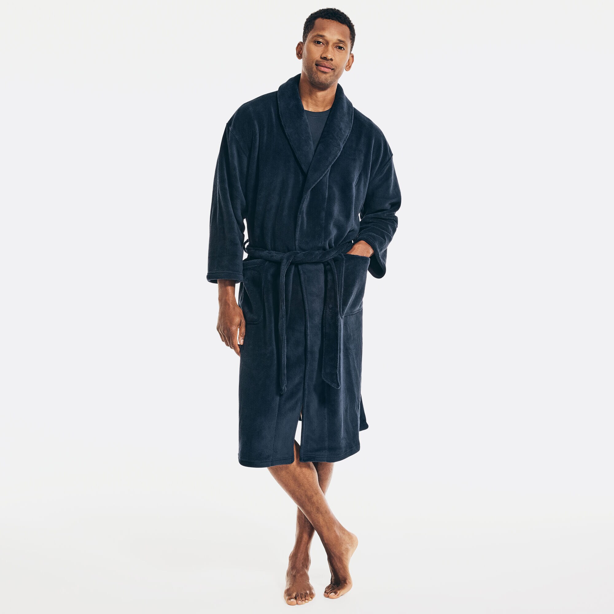 Plush Shawl Collar Robe,Navy,large