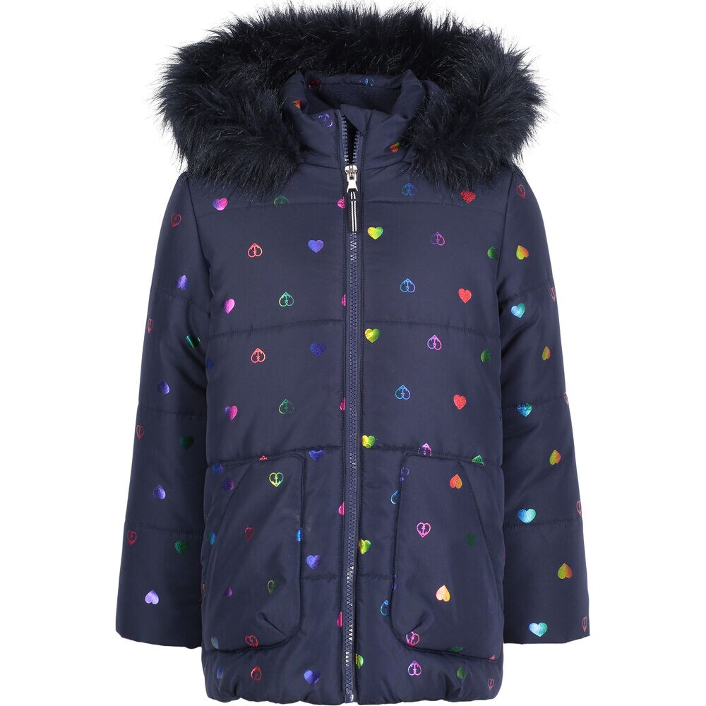 GIRLS' HEART RAINBOW FOIL COAT (8-16),Navy,large