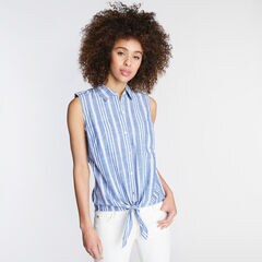 SLEEVELESS WOVEN SHIRT IN VARIGATED STRIPE,Deep Navy Heather,large
