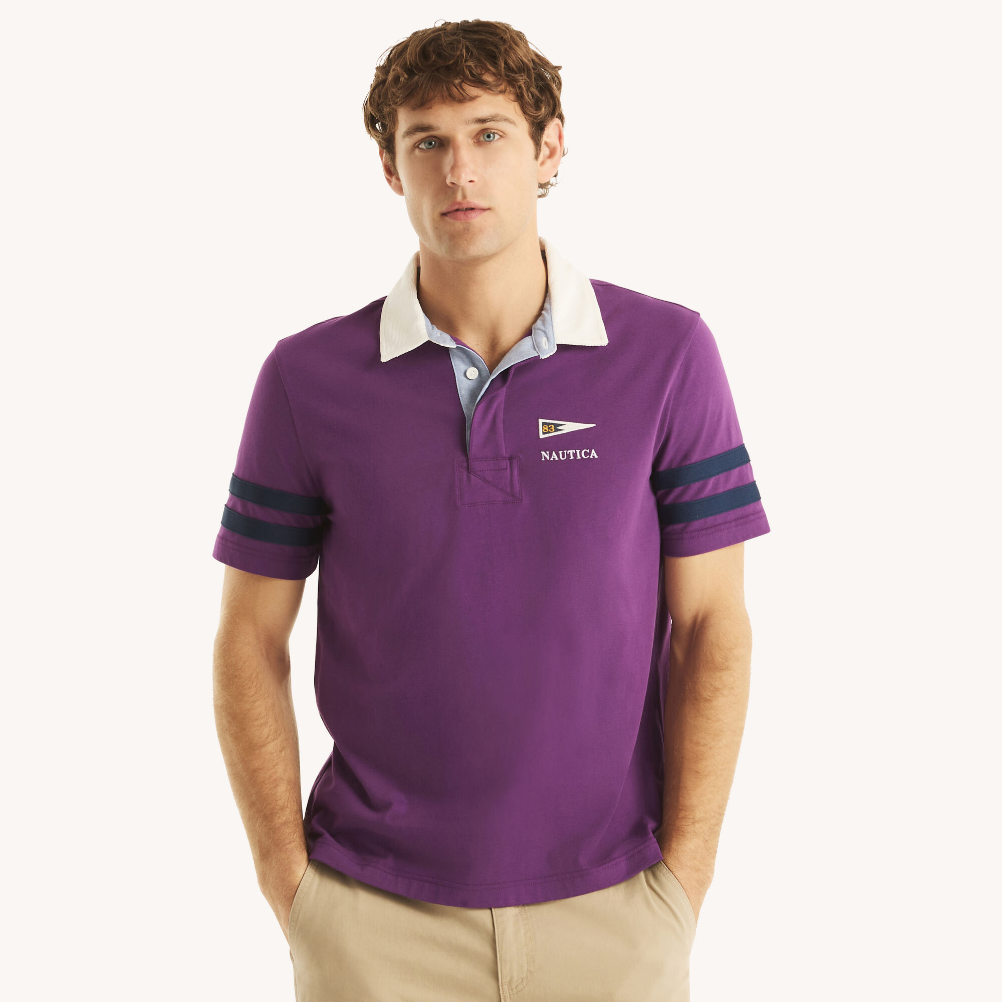 Classic Fit Striped Rugby Polo,Plum Classico,large