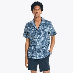 BIG & TALL CLASSIC FIT PRINTED CAMP SHIRT,Estate Blue,large