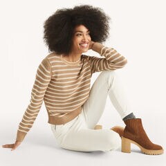 Striped Crewneck Sweater,Camel,large