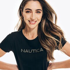 Studded Logo Crewneck T-Shirt,True Black,large