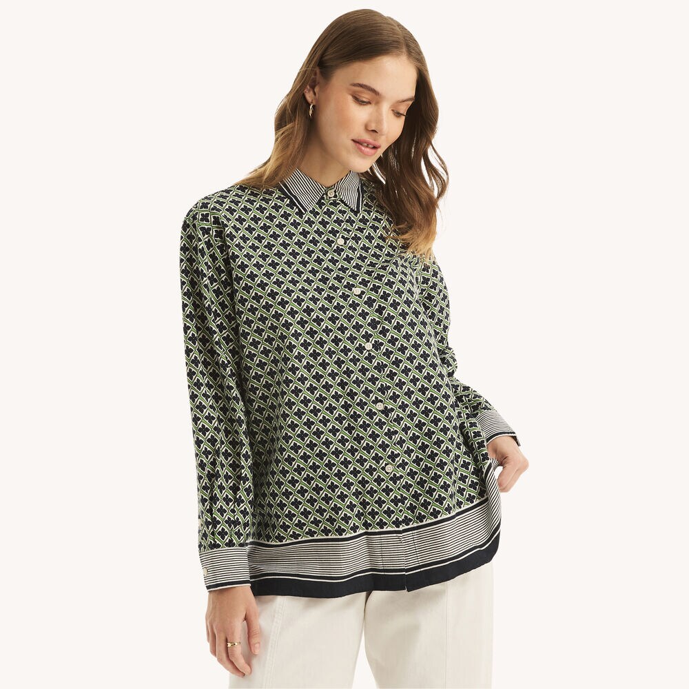 Linen Printed Tunic Top,Light Olive,large
