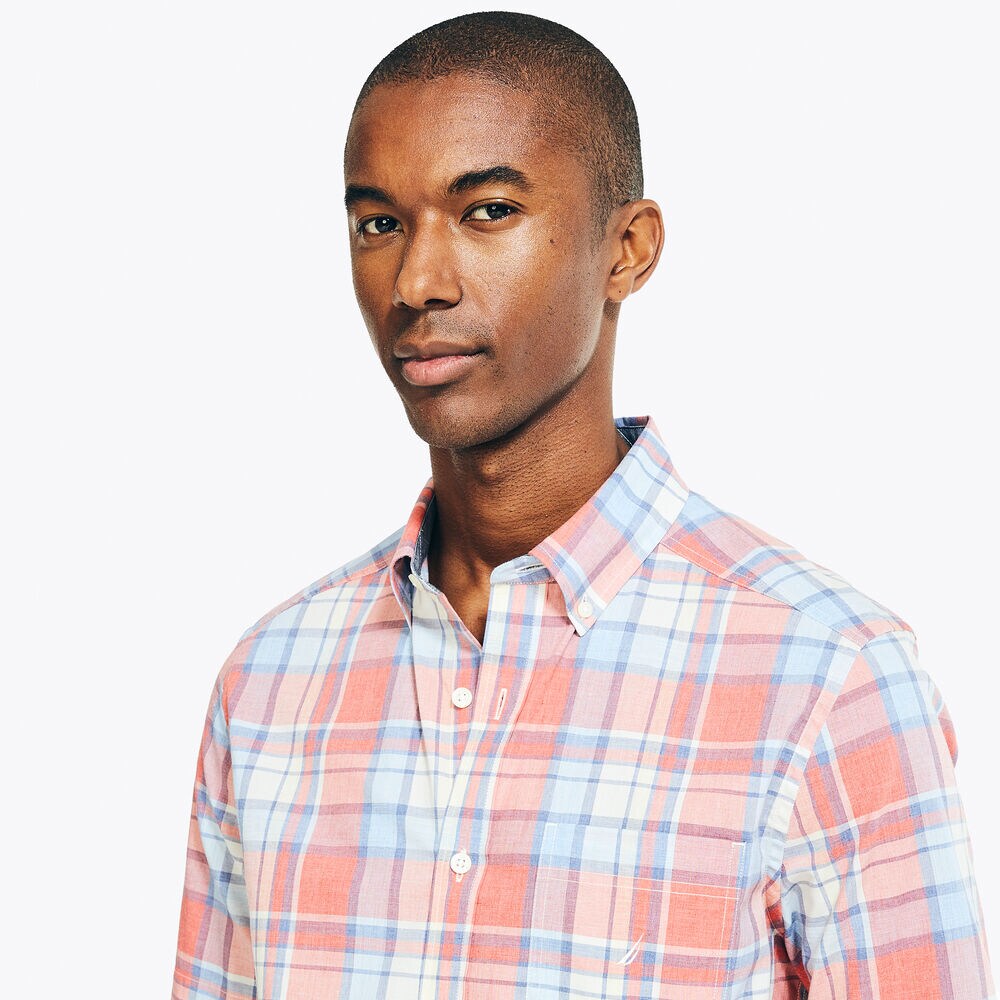 Heather Plaid Short-Sleeve Oxford Shirt,Sailor Red,large